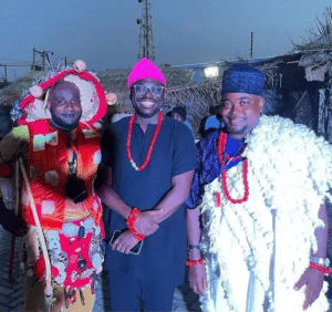 Directors of Agesinkole: King of Thieves, Tope Adebayo and Adebayo Tijani with Niyi Akinmolayan at the premiere of the movie. [Image Credit: Instagram/Adebayo Tijani]